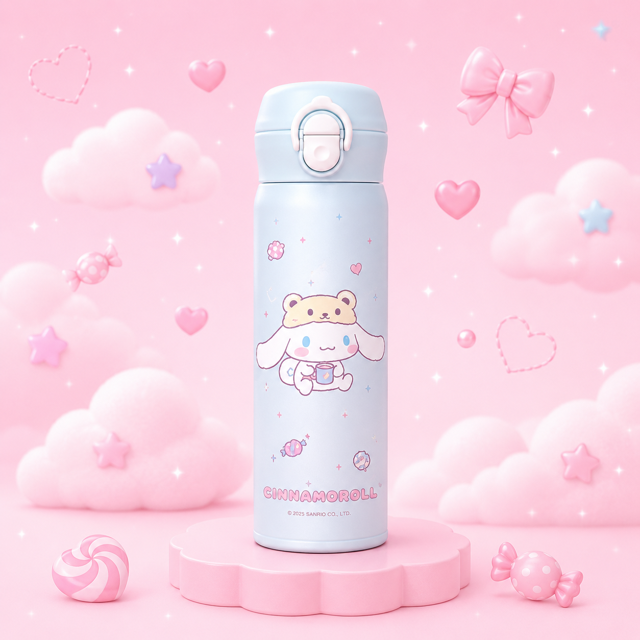 Cinnamoroll-themed water bottle on a pink background with hearts and clouds