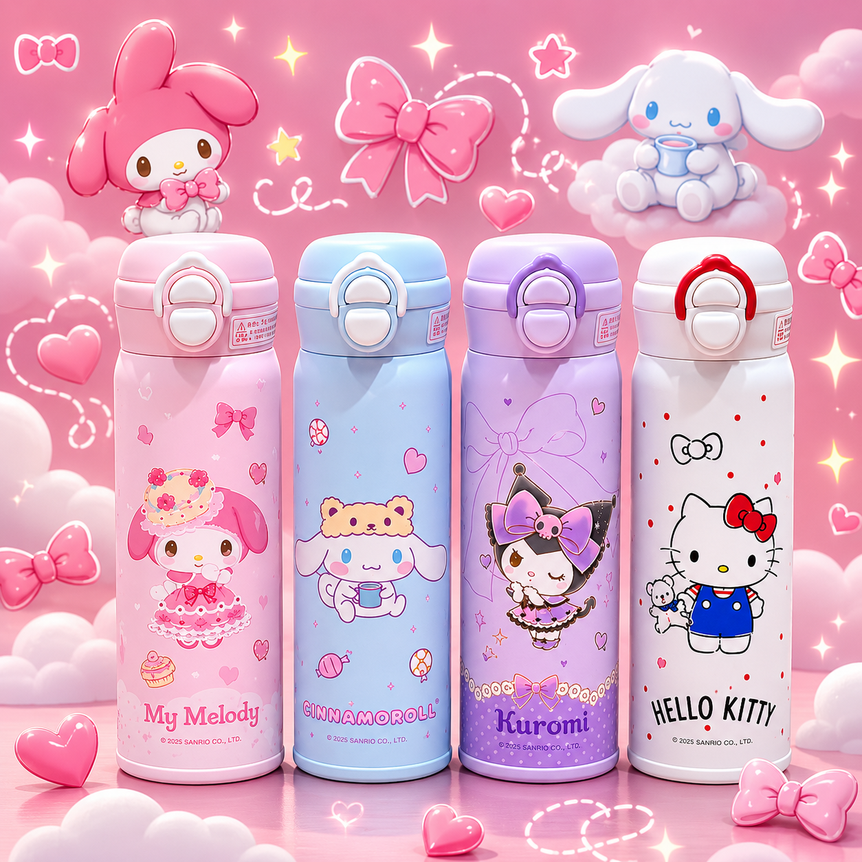Four colorful water bottles with cartoon characters on a pink background