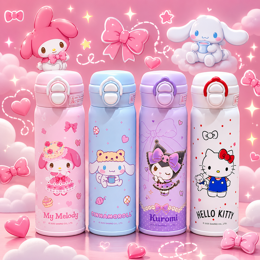Four colorful water bottles with cartoon characters on a pink background