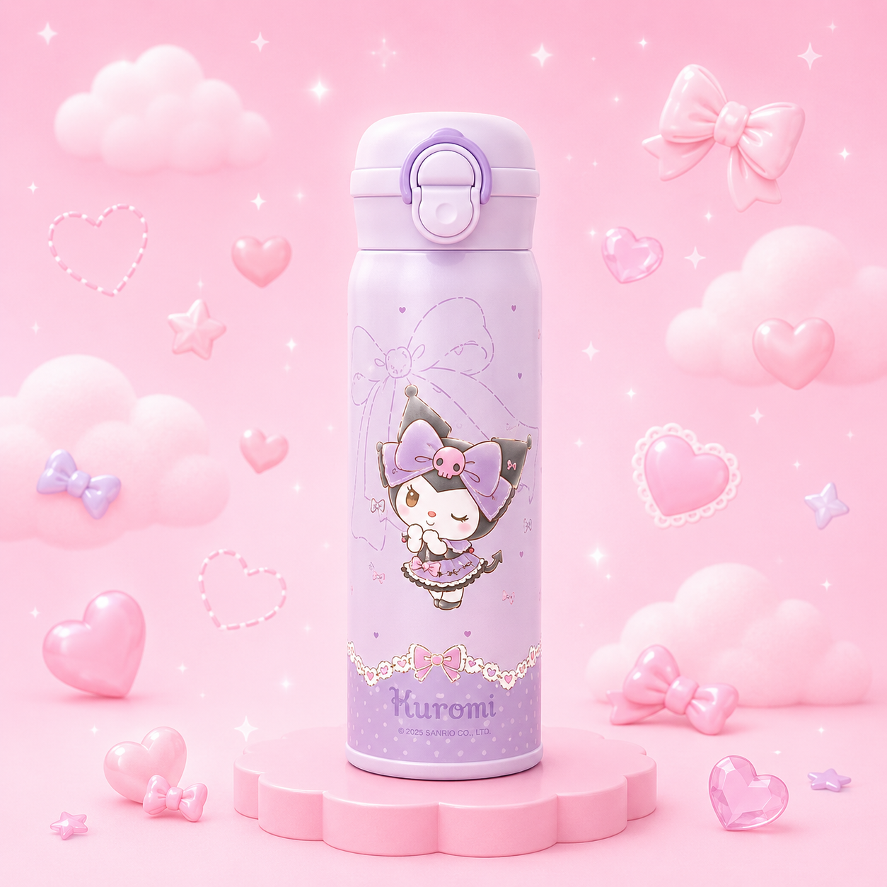 Kawaii-themed water bottle with character design on a pink background with hearts and bows.