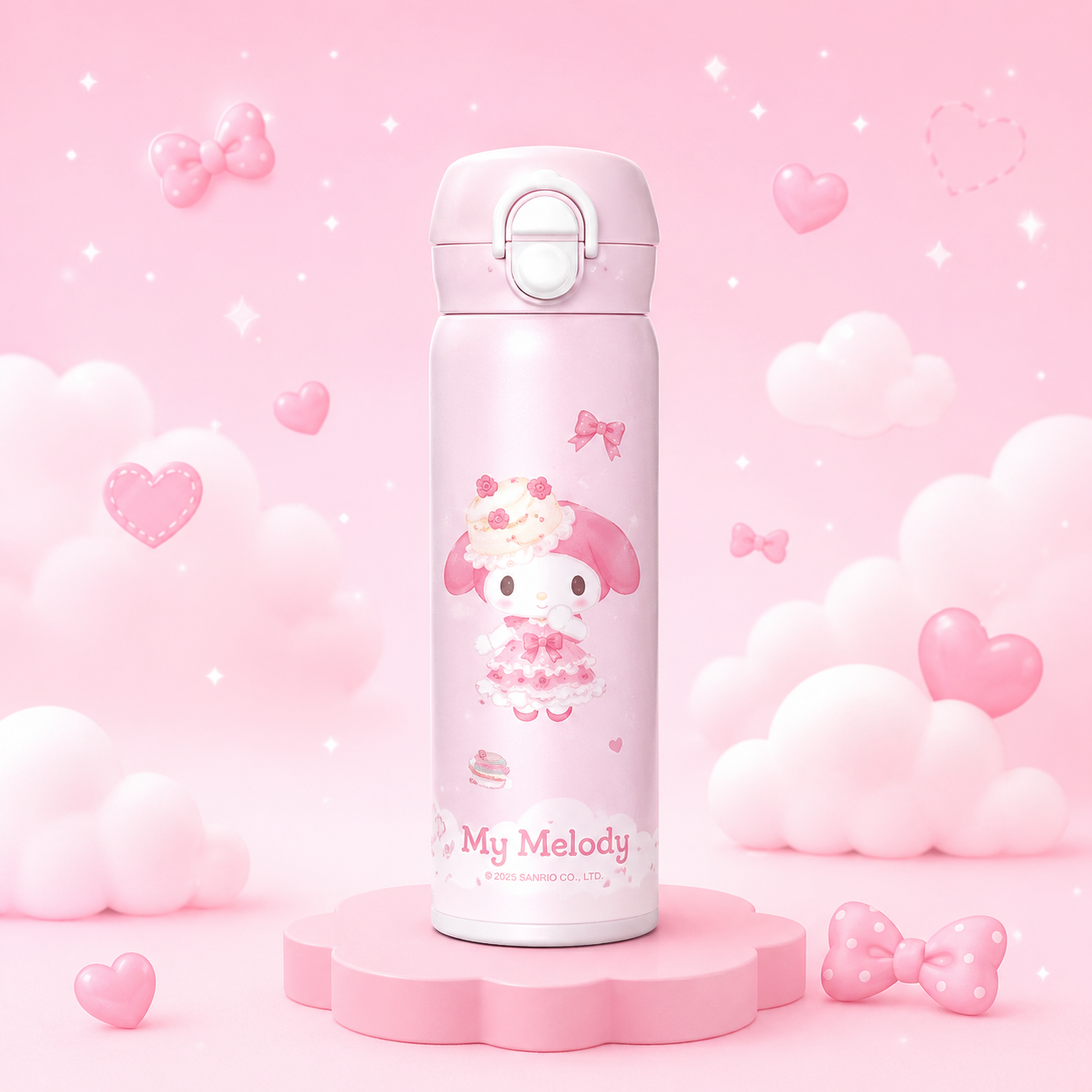 Pink water bottle with 'My Melody' design on a pink background with hearts and clouds