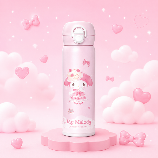 Pink water bottle with 'My Melody' design on a pink background with hearts and clouds